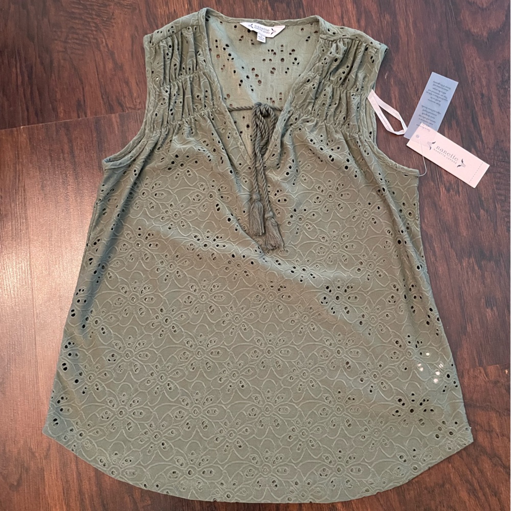 Nanette Lepore Green Smocked Tie Front Blouse